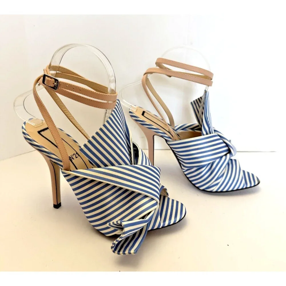 N°21 Tricolor Striped Silk & Leather Knotted Ankle Strap Heels Sandals Sz 38/7.5